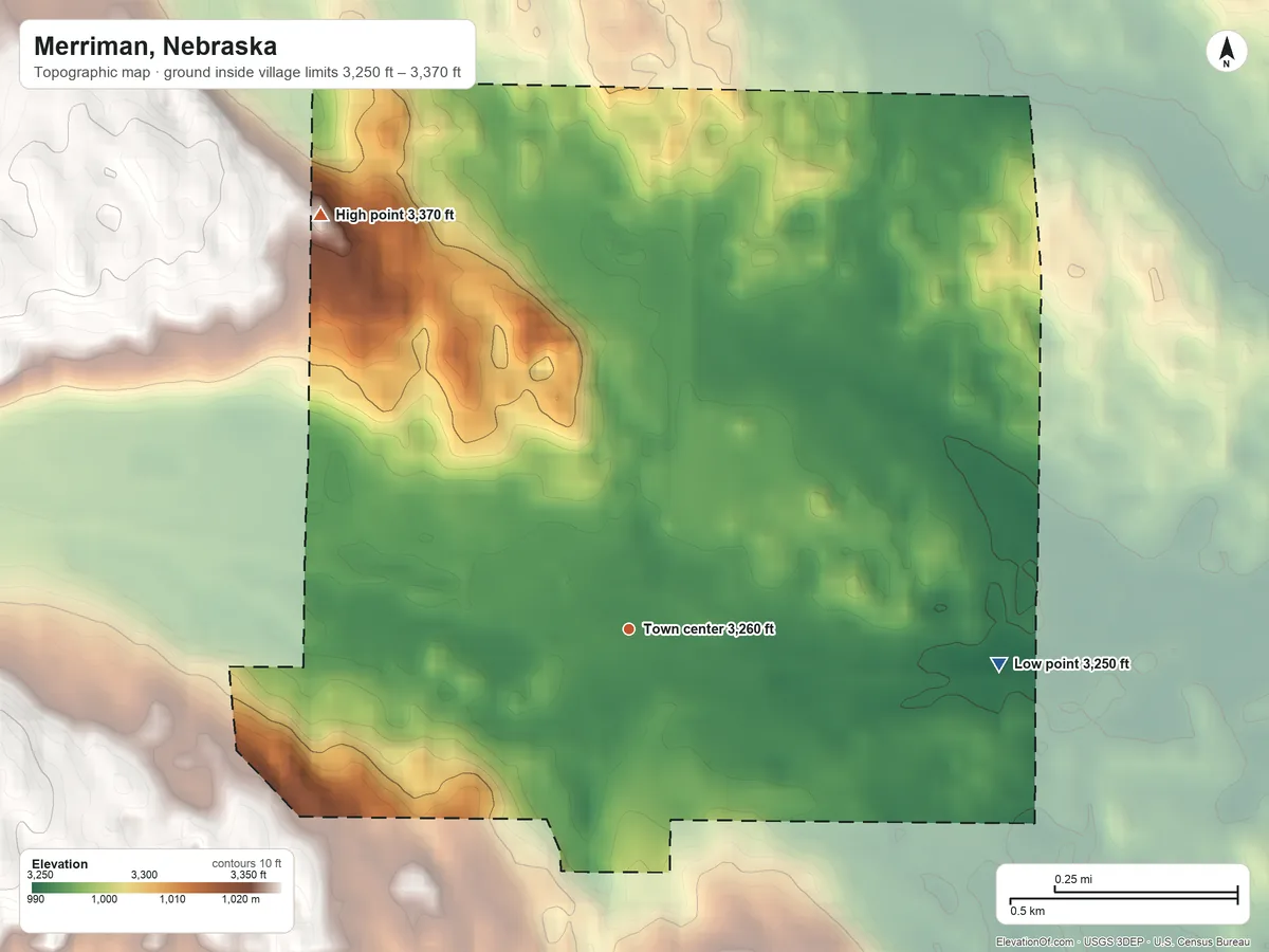 Topographic elevation map of Merriman, Nebraska, shaded from 3,250 ft on the east side to 3,370 ft on the northwest side