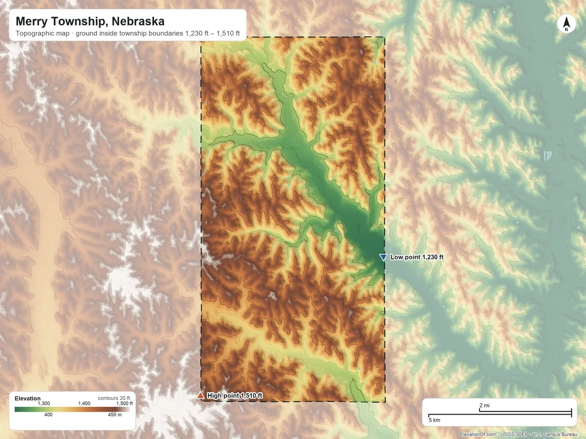 Topographic elevation map of Merry Township, Nebraska, shaded from 1,230 ft on the southeast side to 1,510 ft on the south side
