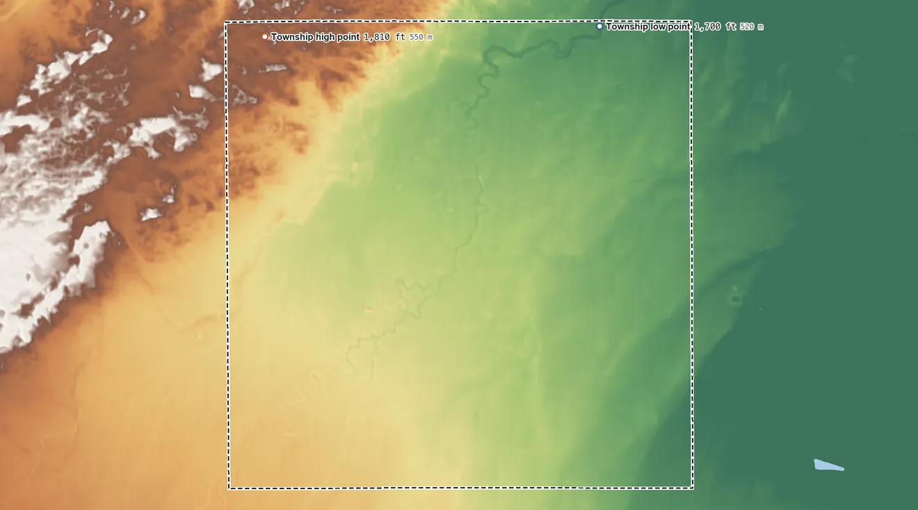 Topographic elevation map of Midland Township, Merrick County, Nebraska, shaded from 1,700 ft on the northeast side to 1,810 ft on the northwest side