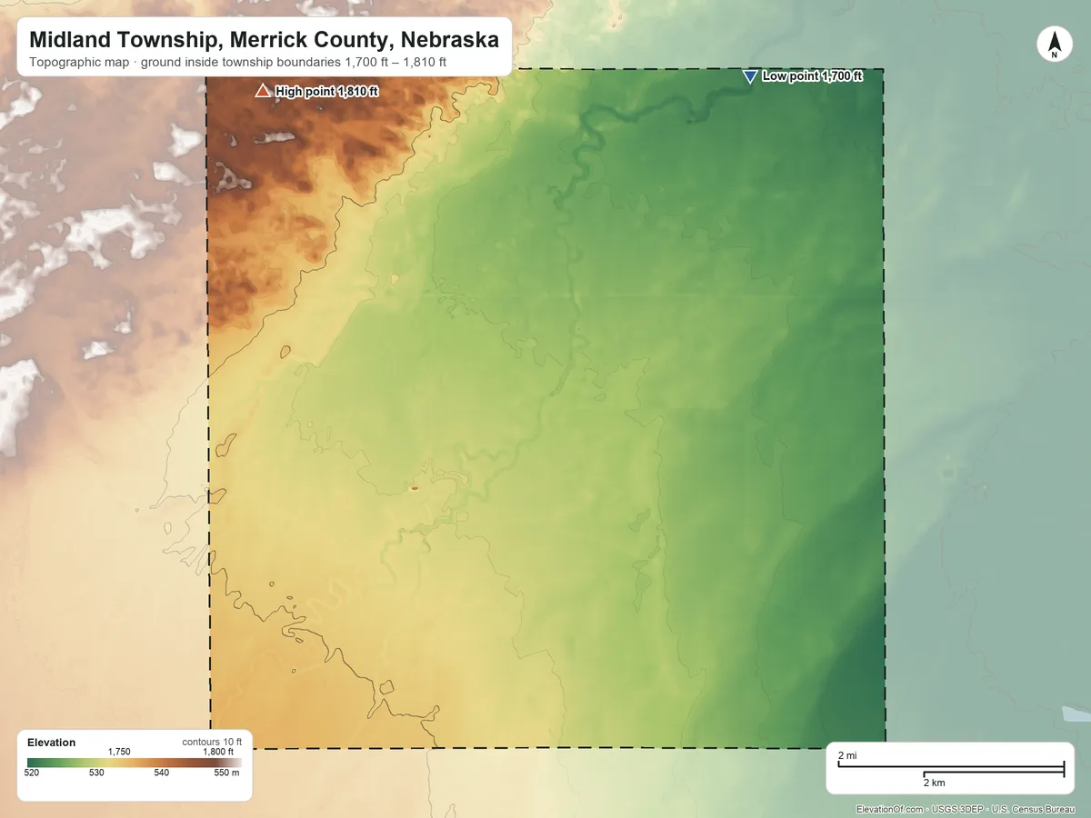 Topographic elevation map of Midland Township, Merrick County, Nebraska, shaded from 1,700 ft on the northeast side to 1,810 ft on the northwest side
