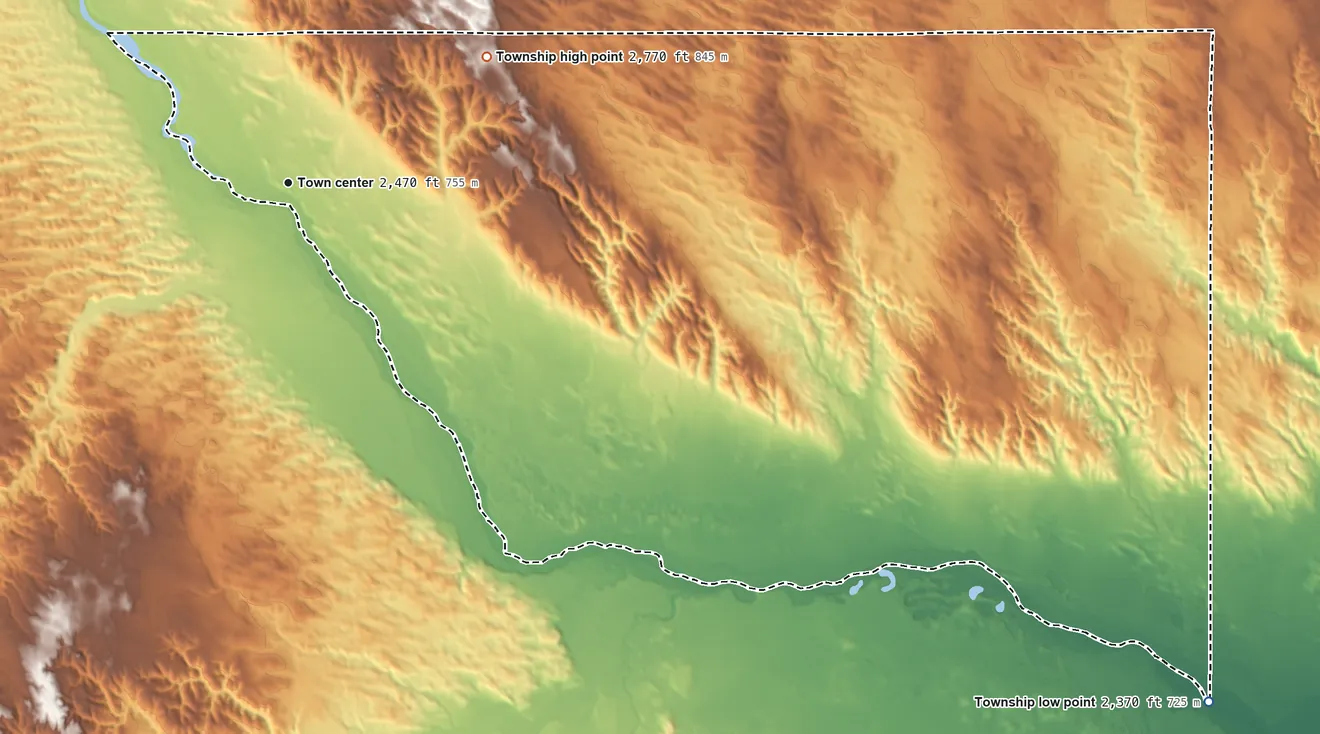 Topographic elevation map of Milburn Township, Nebraska, shaded from 2,370 ft on the southeast side to 2,770 ft on the northeast side