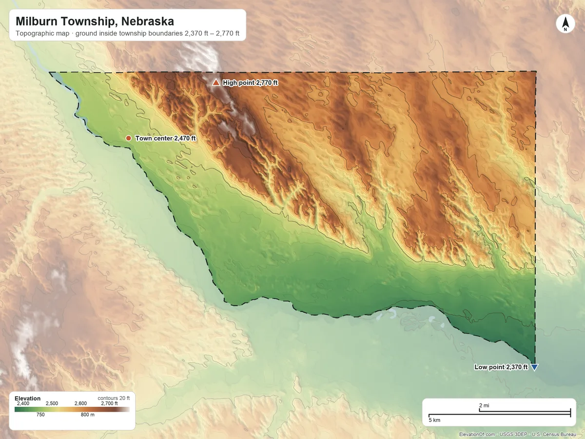 Topographic elevation map of Milburn Township, Nebraska, shaded from 2,370 ft on the southeast side to 2,770 ft on the northeast side