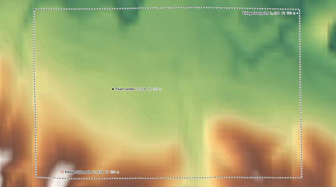 Topographic elevation map of Miller, Nebraska, shaded from 2,290 ft on the east side to 2,410 ft on the southwest side