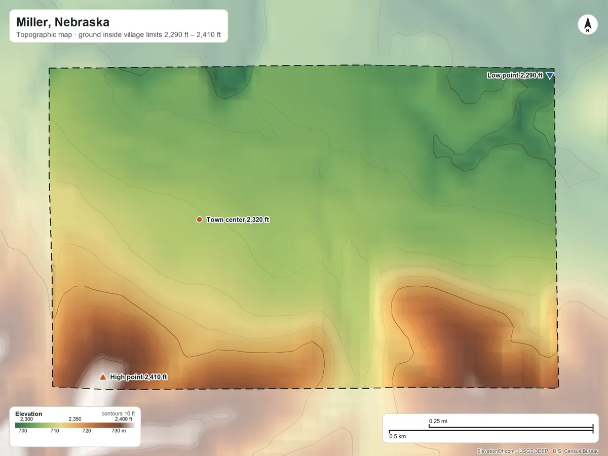 Topographic elevation map of Miller, Nebraska, shaded from 2,290 ft on the east side to 2,410 ft on the southwest side