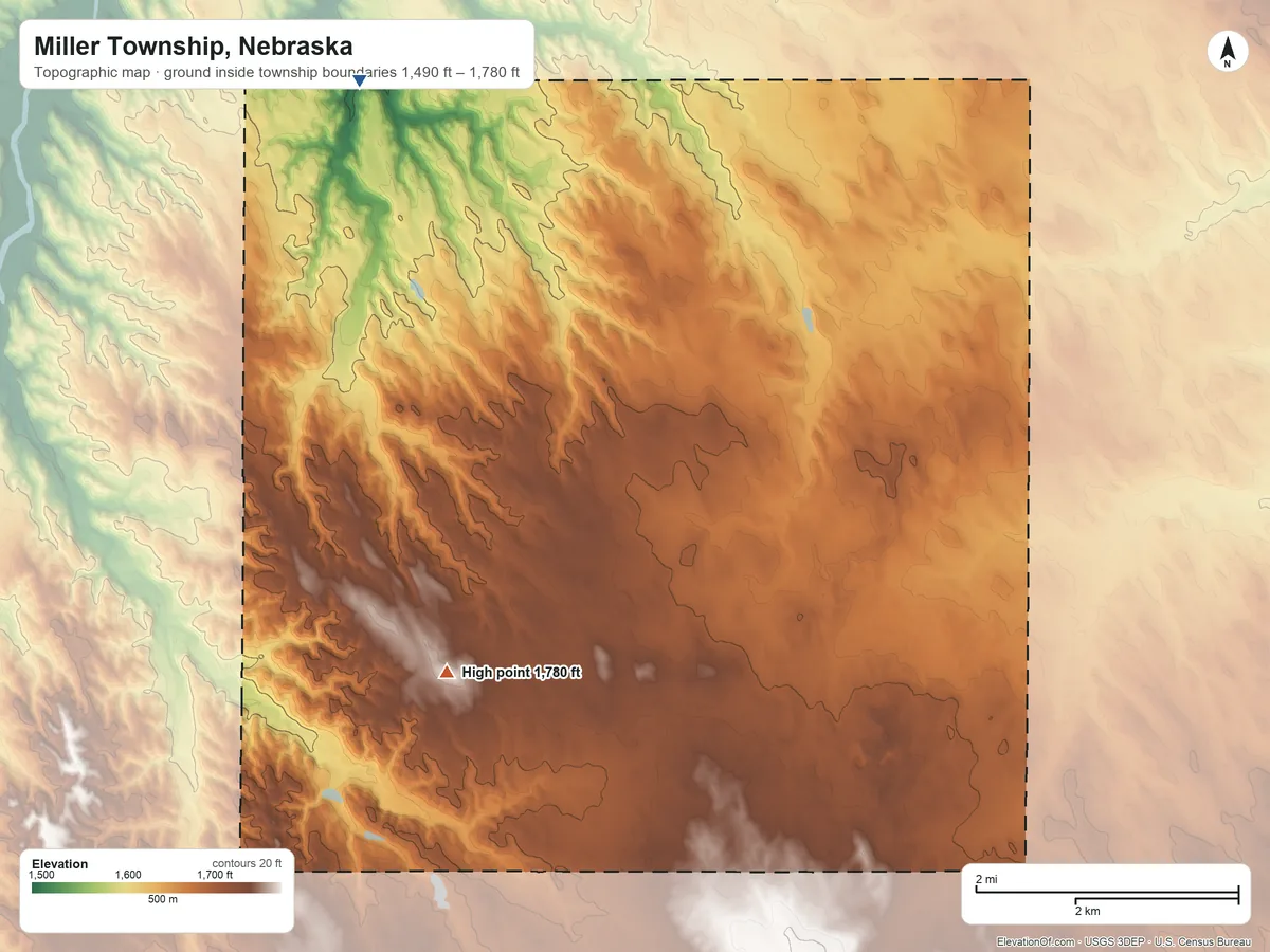 Topographic elevation map of Miller Township, Nebraska, shaded from 1,490 ft on the west side to 1,780 ft on the southwest side