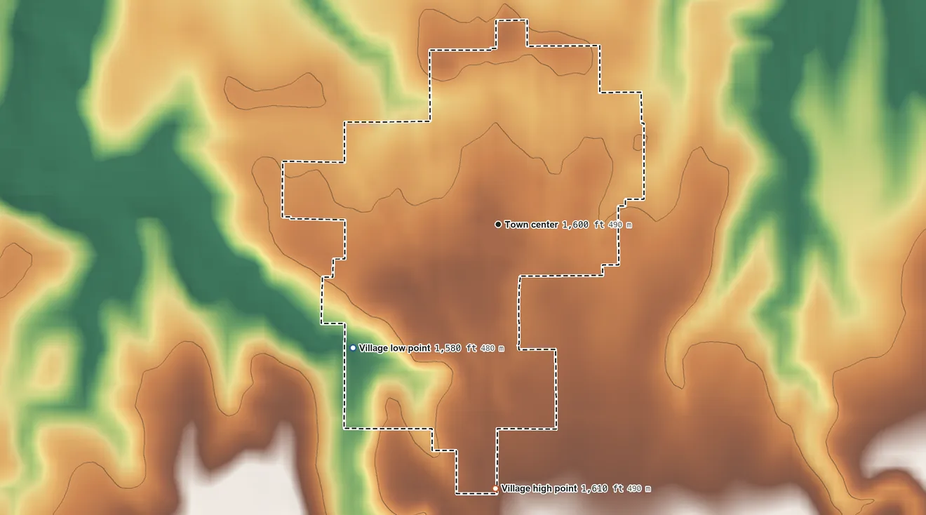 Topographic elevation map of Milligan, Nebraska, shaded from 1,580 ft on the southwest side to 1,610 ft on the south side