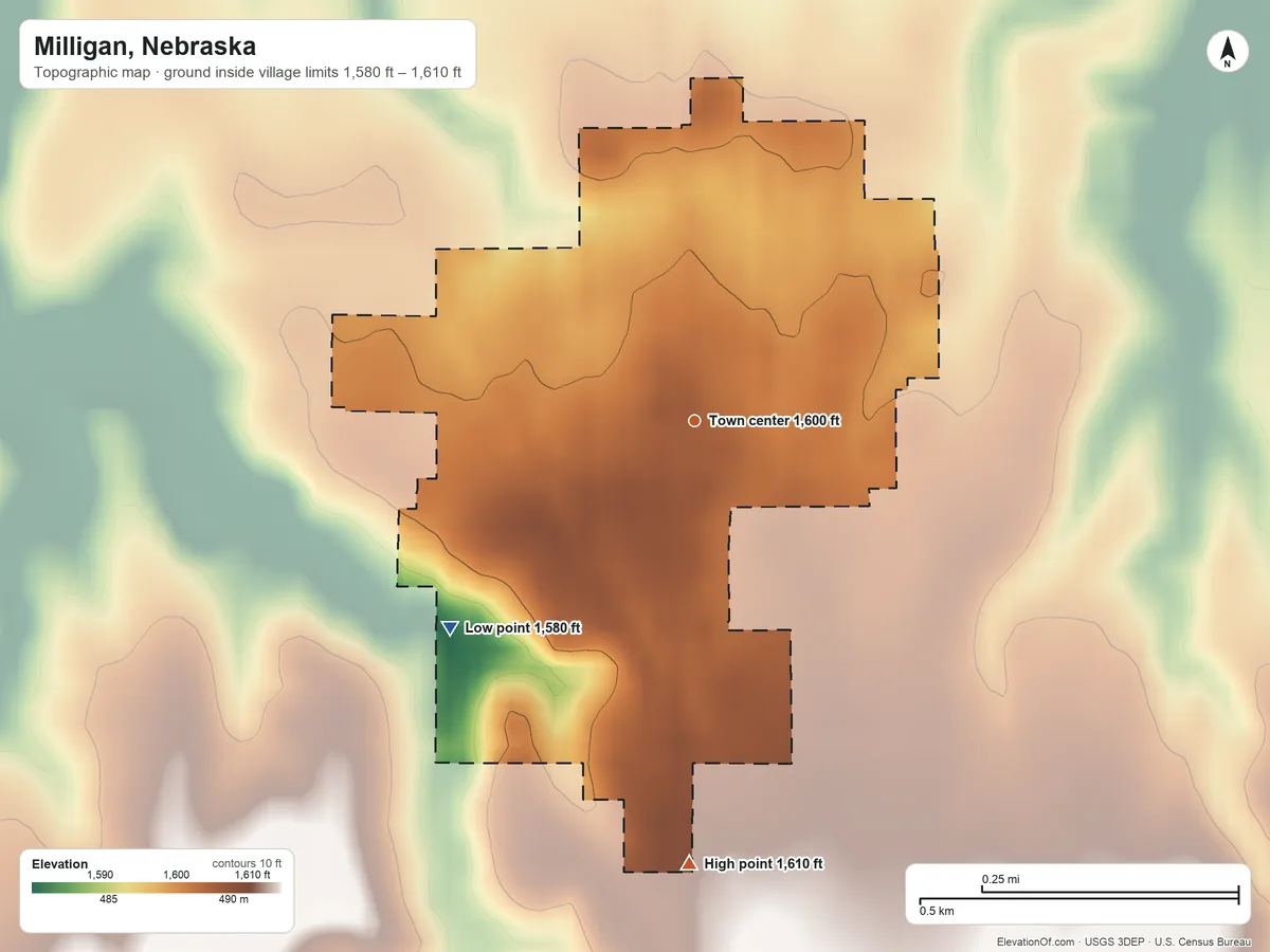 Topographic elevation map of Milligan, Nebraska, shaded from 1,580 ft on the southwest side to 1,610 ft on the south side