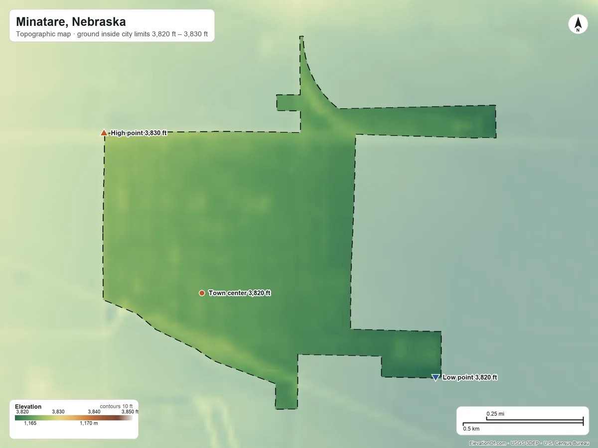 Topographic elevation map of Minatare, Nebraska, shaded from 3,820 ft on the east side to 3,830 ft on the northwest side