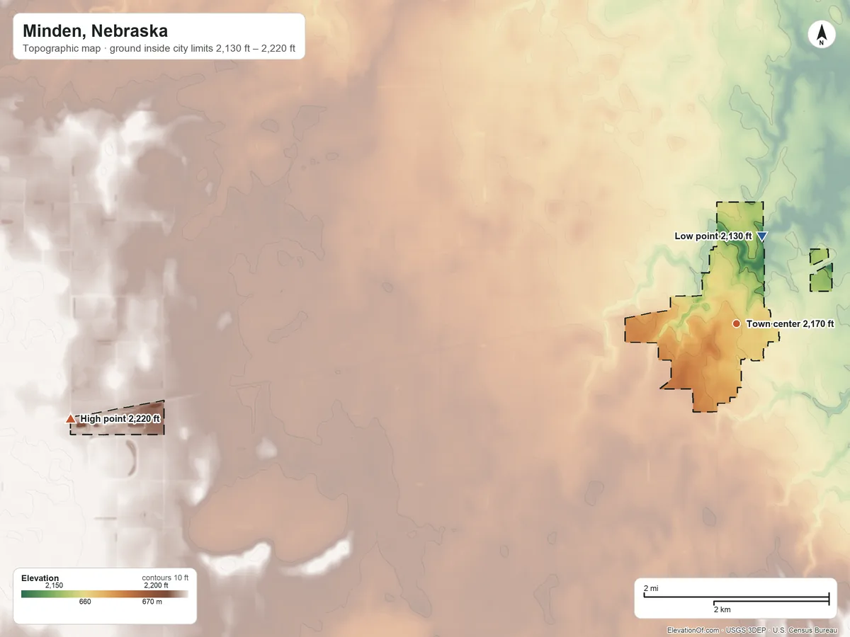 Topographic elevation map of Minden, Nebraska, shaded from 2,130 ft on the north side to 2,220 ft on the west side