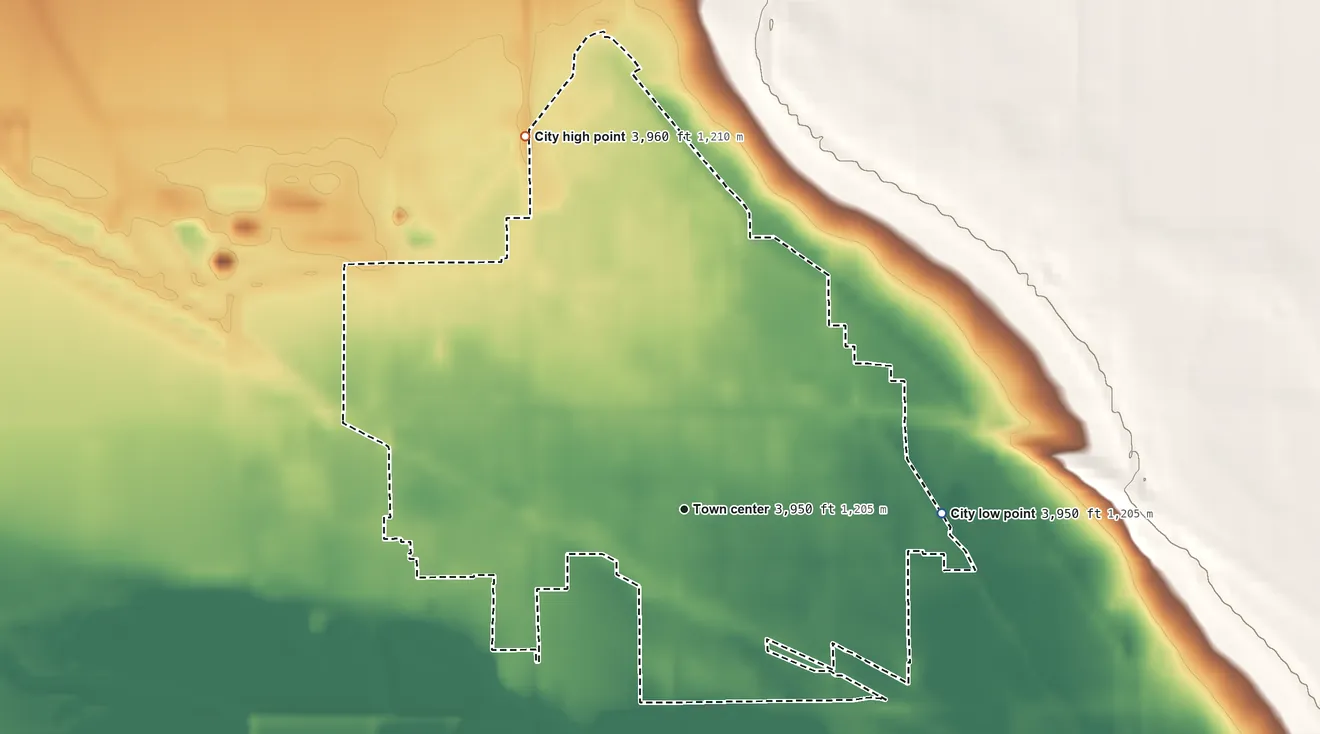 Topographic elevation map of Mitchell, Nebraska, shaded from 3,950 ft on the east side to 3,960 ft on the northwest side