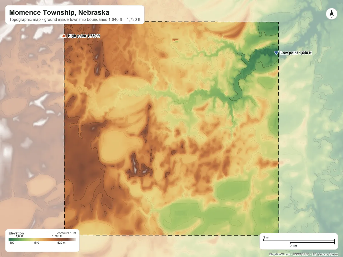 Topographic elevation map of Momence Township, Nebraska, shaded from 1,640 ft on the northeast side to 1,730 ft on the northwest side