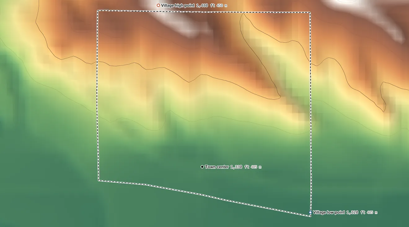 Topographic elevation map of Monowi, Nebraska, shaded from 1,320 ft on the southeast side to 1,480 ft on the north side