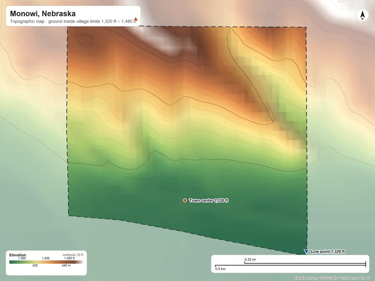 Topographic elevation map of Monowi, Nebraska, shaded from 1,320 ft on the southeast side to 1,480 ft on the north side