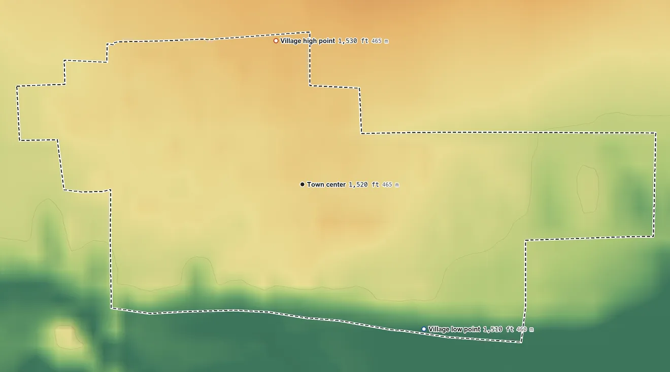 Topographic elevation map of Monroe, Nebraska, shaded from 1,510 ft on the southeast side to 1,530 ft on the north side
