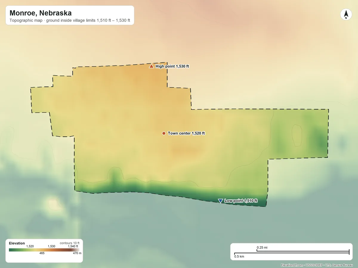 Topographic elevation map of Monroe, Nebraska, shaded from 1,510 ft on the southeast side to 1,530 ft on the north side