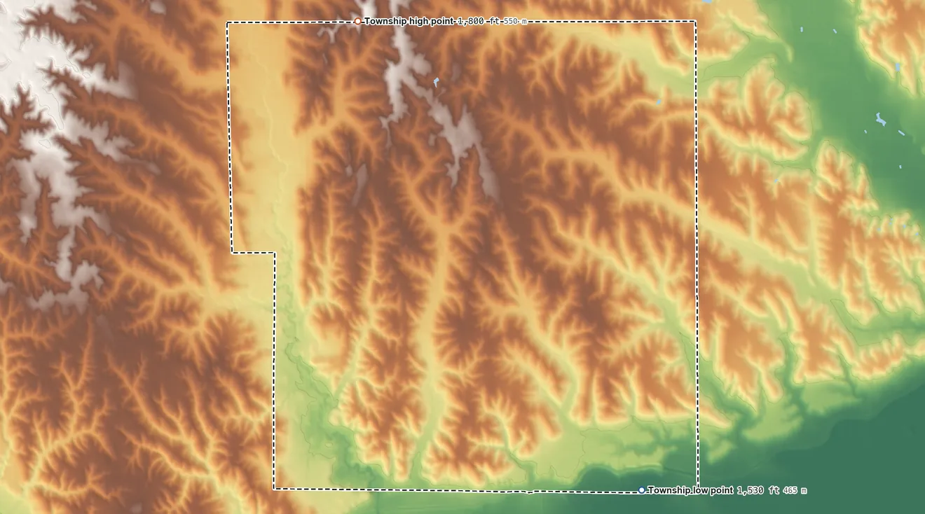 Topographic elevation map of Monroe Township, Nebraska, shaded from 1,530 ft on the southeast side to 1,800 ft on the northwest side