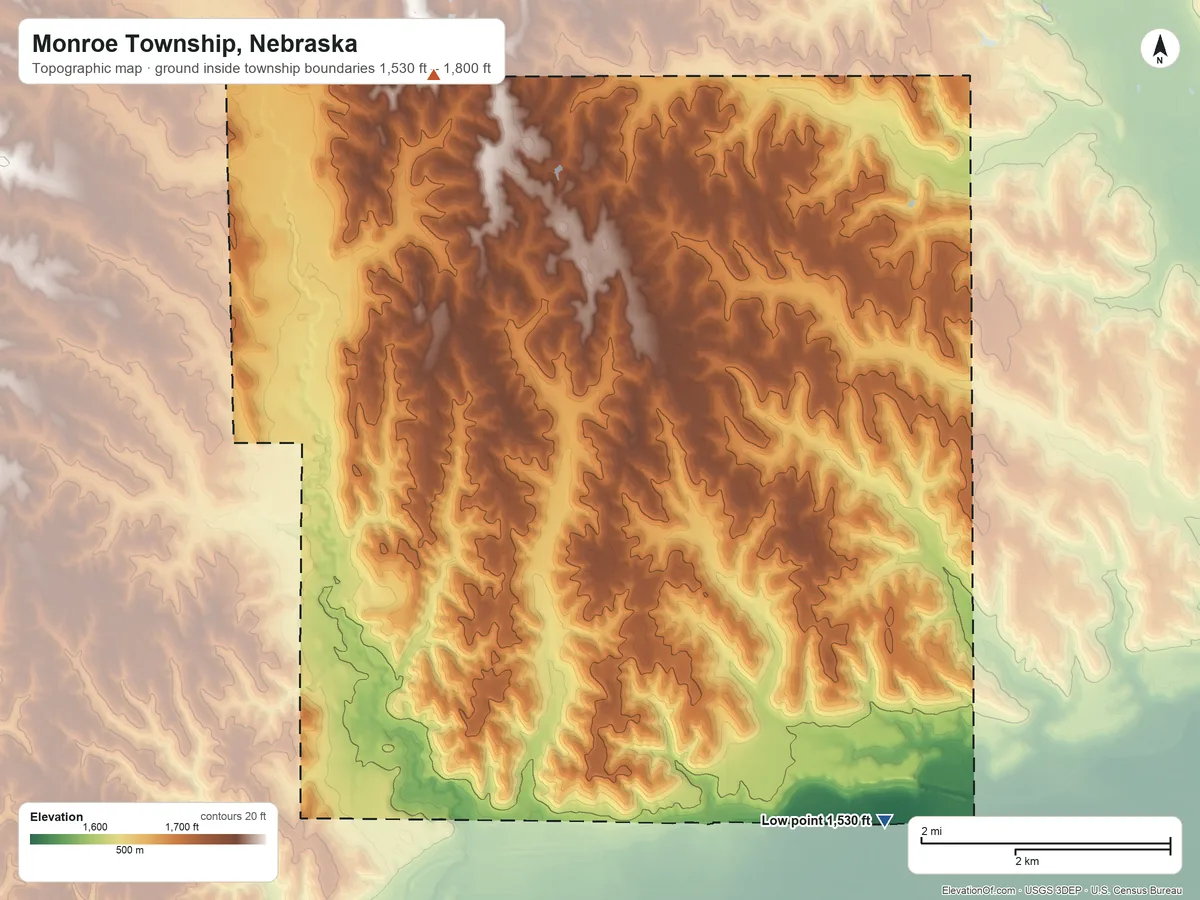 Topographic elevation map of Monroe Township, Nebraska, shaded from 1,530 ft on the southeast side to 1,800 ft on the northwest side