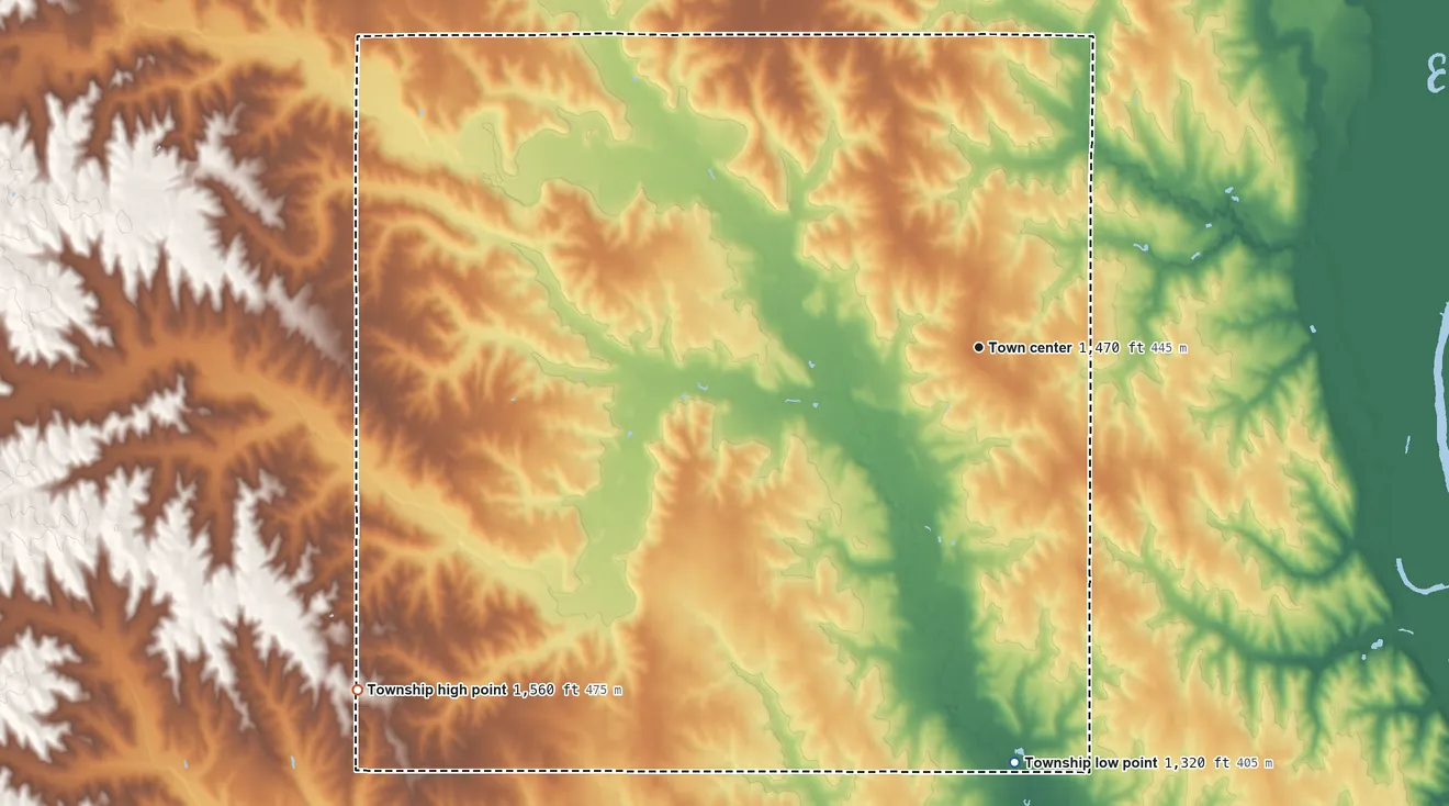 Topographic elevation map of Monterey Township, Nebraska, shaded from 1,320 ft on the south side to 1,560 ft on the southwest side