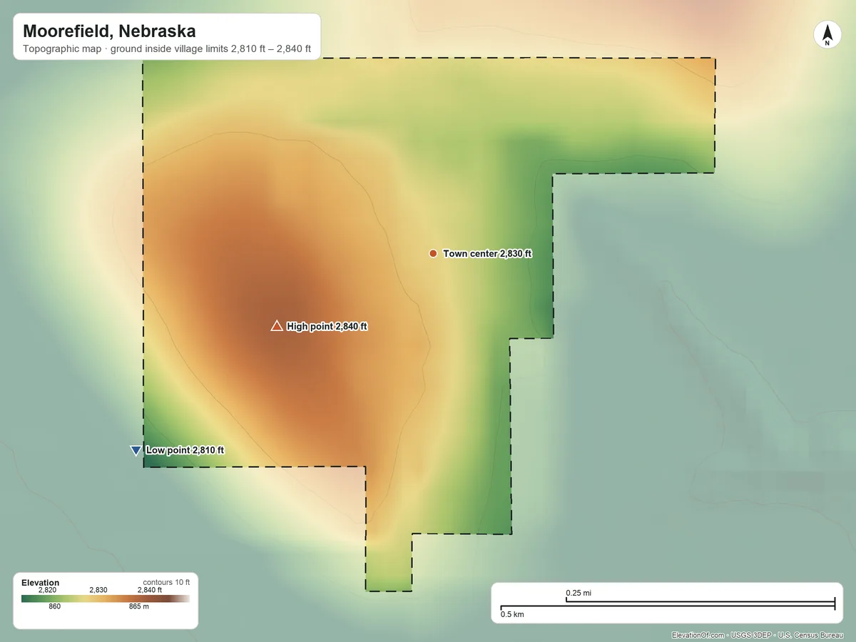 Topographic elevation map of Moorefield, Nebraska, shaded from 2,810 ft on the southwest side to 2,840 ft on the southwest side