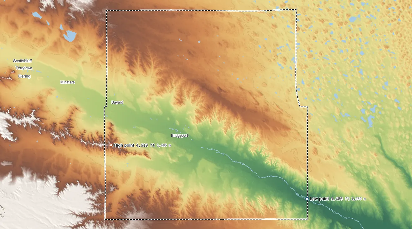 Topographic elevation map of Morrill County, Nebraska, shaded from 3,480 ft on the southeast side to 4,610 ft on the west side