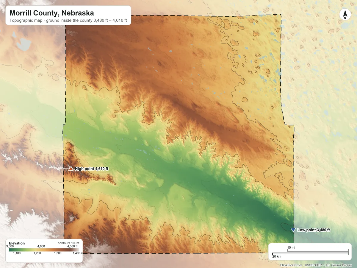 Topographic elevation map of Morrill County, Nebraska, shaded from 3,480 ft on the southeast side to 4,610 ft on the west side