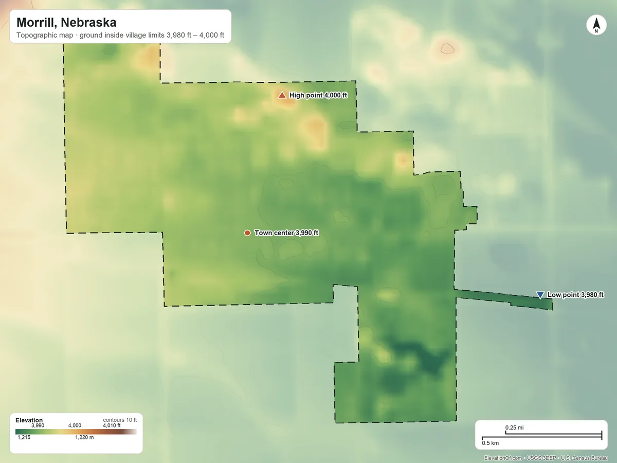 Topographic elevation map of Morrill, Nebraska, shaded from 3,980 ft on the east side to 4,000 ft on the north side