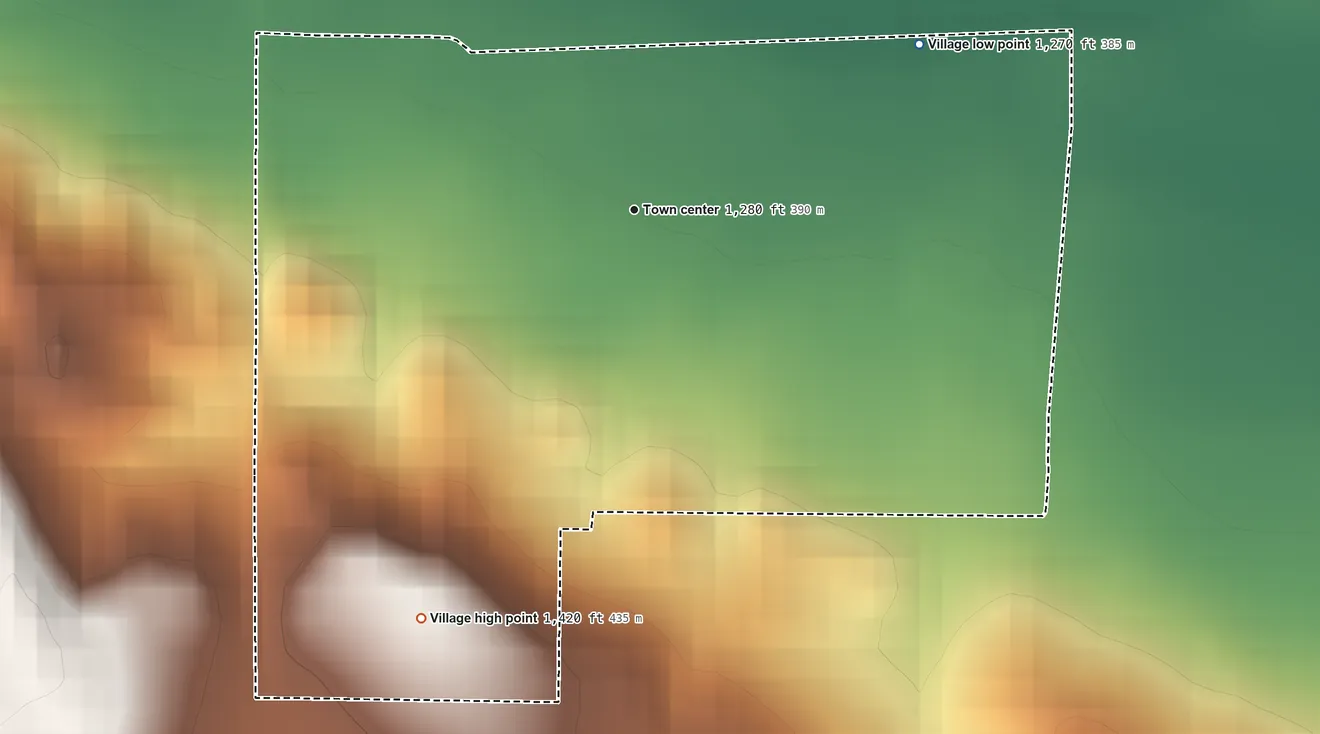 Topographic elevation map of Morse Bluff, Nebraska, shaded from 1,270 ft on the northeast side to 1,420 ft on the southwest side