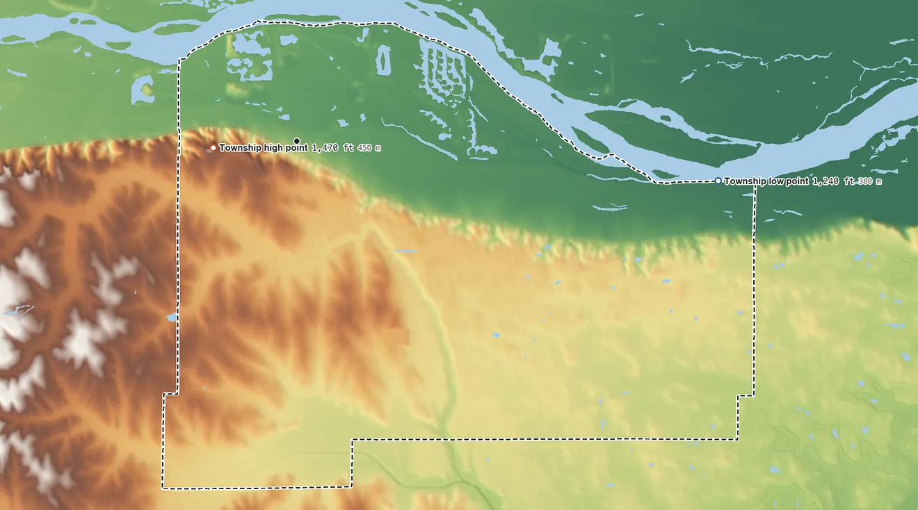 Topographic elevation map of Morse Bluff Township, Nebraska, shaded from 1,240 ft on the east side to 1,472 ft on Indian Peak