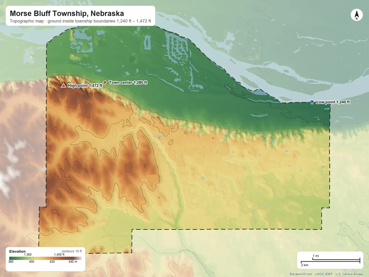 Topographic elevation map of Morse Bluff Township, Nebraska, shaded from 1,240 ft on the east side to 1,472 ft on Indian Peak