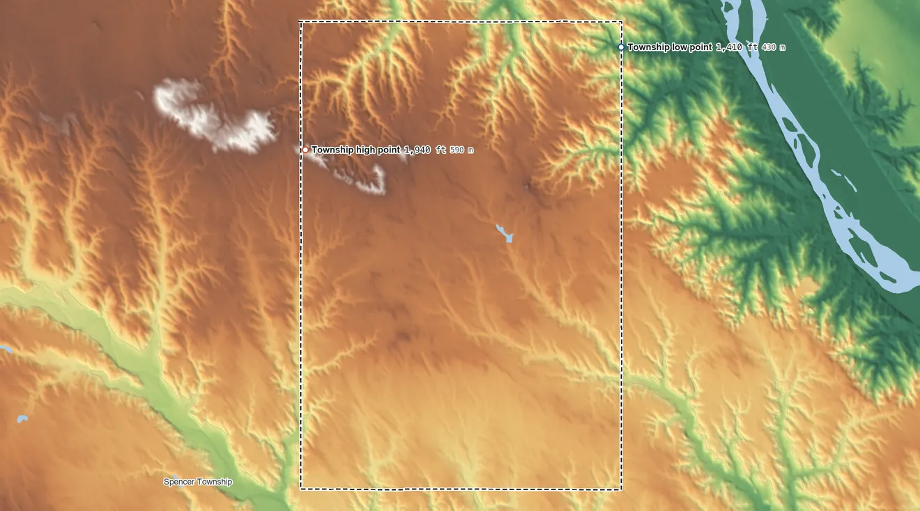 Topographic elevation map of Morton Township, Boyd County, Nebraska, shaded from 1,410 ft on the northeast side to 1,940 ft on the northwest side