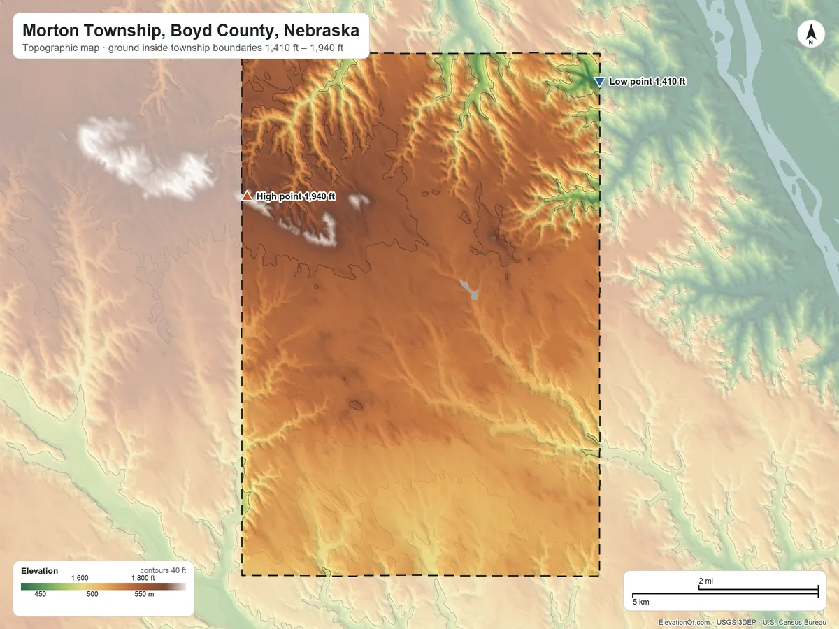 Topographic elevation map of Morton Township, Boyd County, Nebraska, shaded from 1,410 ft on the northeast side to 1,940 ft on the northwest side