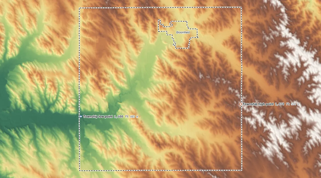 Topographic elevation map of Morton Township, Nebraska, shaded from 1,600 ft on the southwest side to 1,870 ft on the southeast side