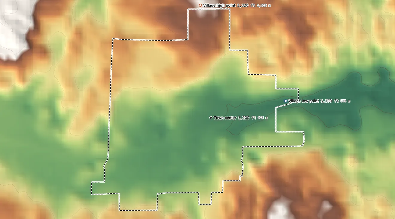 Topographic elevation map of Mullen, Nebraska, shaded from 3,190 ft on the east side to 3,320 ft on the north side