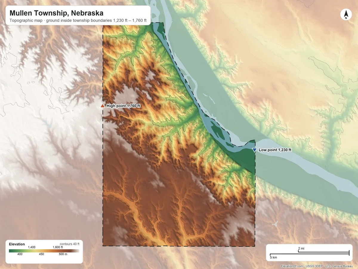 Topographic elevation map of Mullen Township, Nebraska, shaded from 1,230 ft on the east side to 1,760 ft on the northwest side