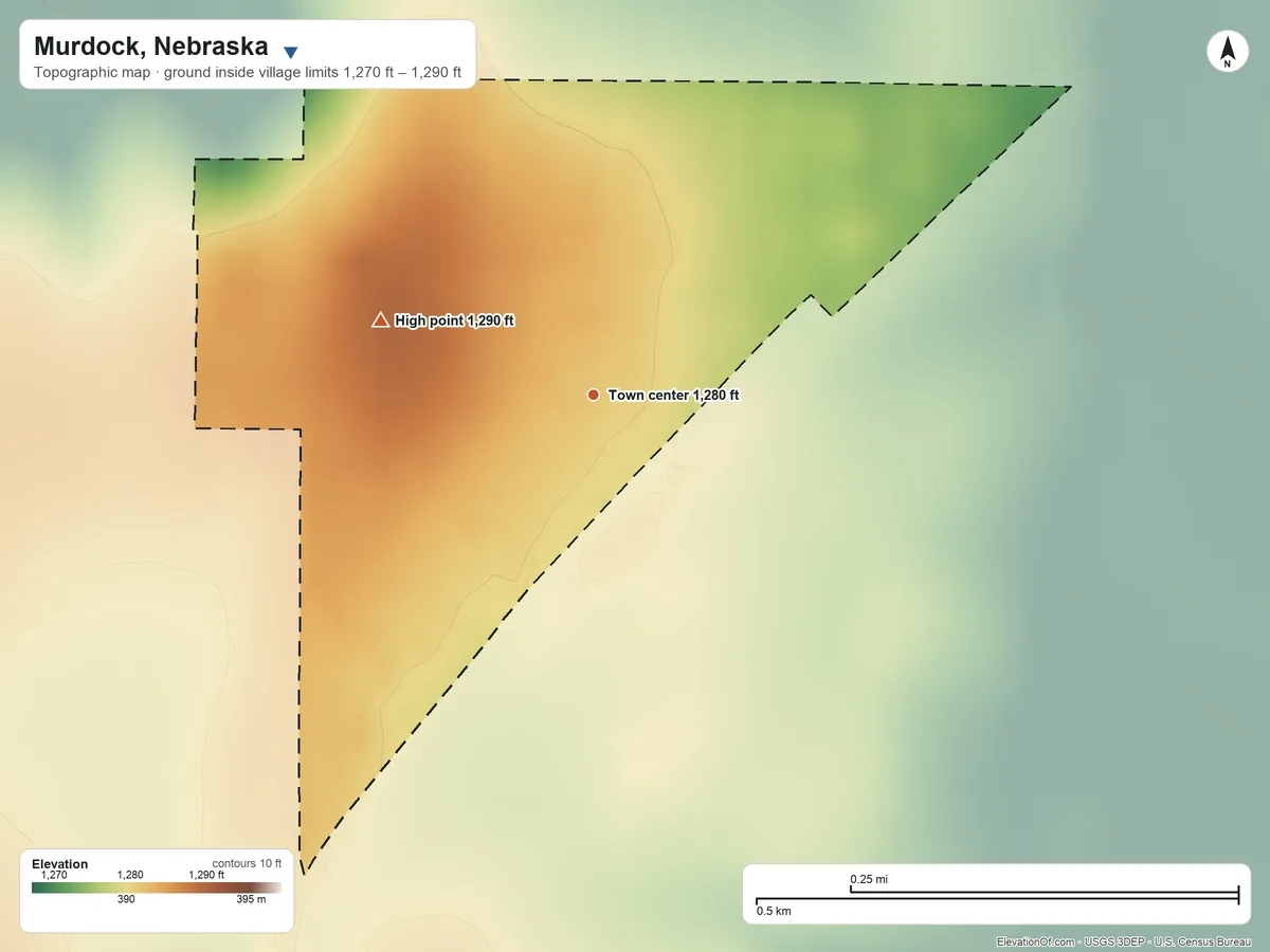 Topographic elevation map of Murdock, Nebraska, shaded from 1,270 ft on the northwest side to 1,290 ft on the west side