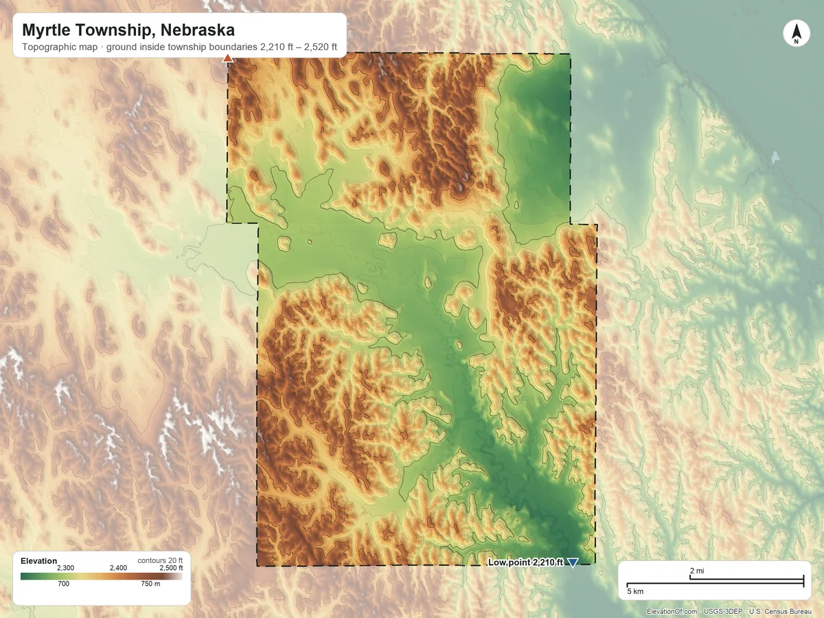 Topographic elevation map of Myrtle Township, Nebraska, shaded from 2,210 ft on the southeast side to 2,520 ft on the northwest side