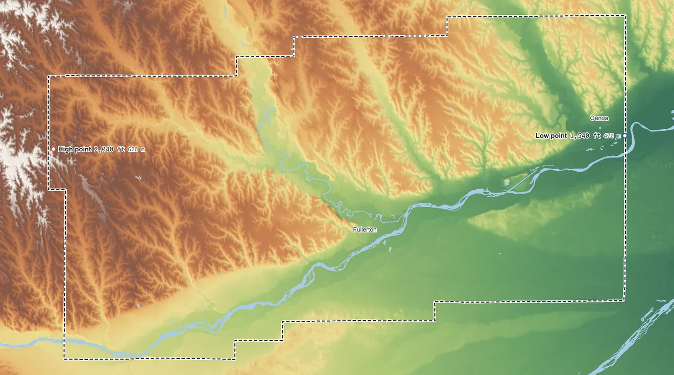 Topographic elevation map of Nance County, Nebraska, shaded from 1,540 ft on the east side to 2,040 ft on the west side