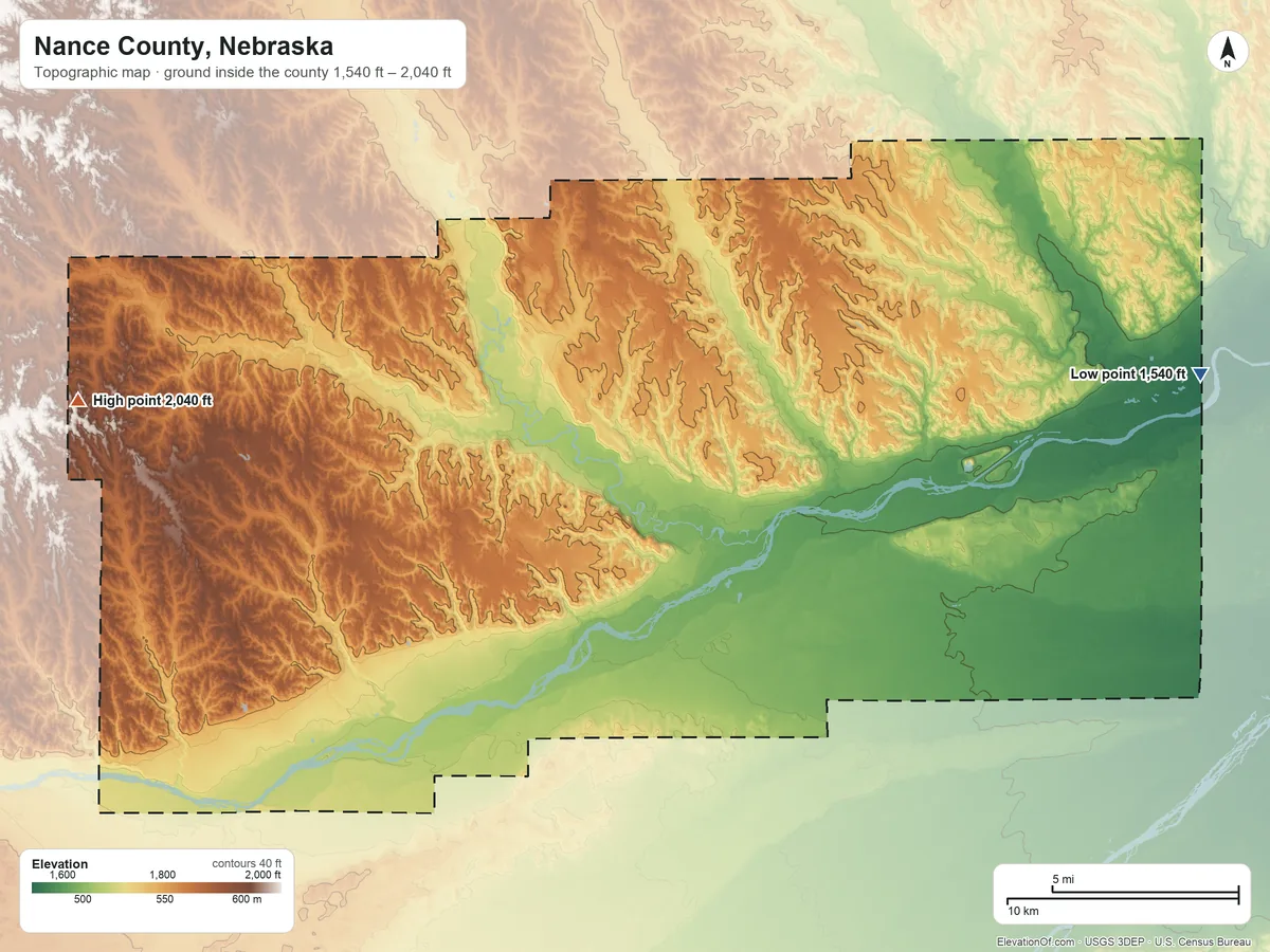 Topographic elevation map of Nance County, Nebraska, shaded from 1,540 ft on the east side to 2,040 ft on the west side