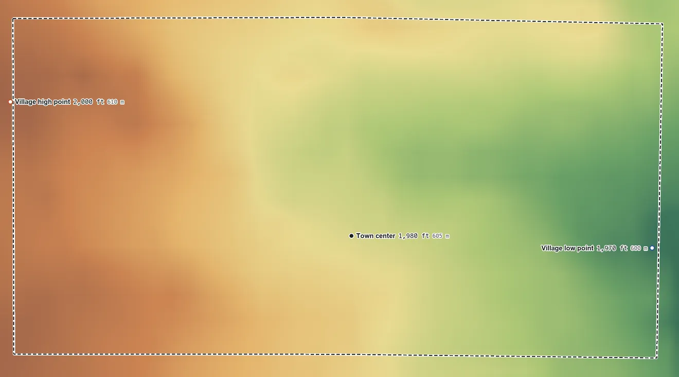 Topographic elevation map of Naper, Nebraska, shaded from 1,970 ft on the east side to 2,000 ft on the west side
