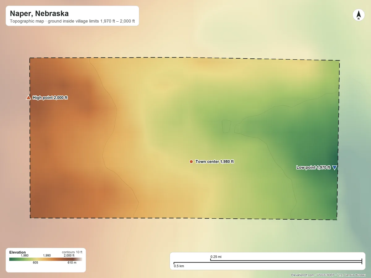 Topographic elevation map of Naper, Nebraska, shaded from 1,970 ft on the east side to 2,000 ft on the west side