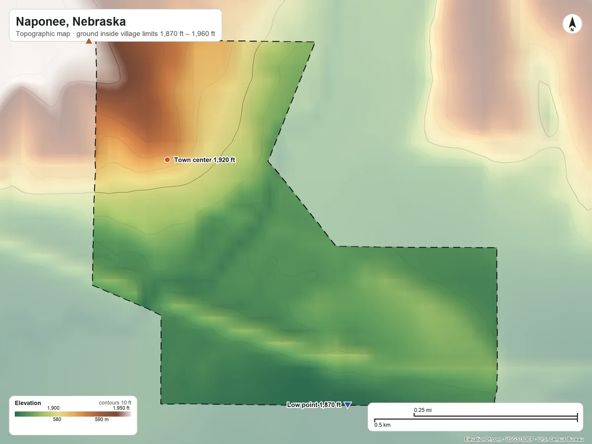 Topographic elevation map of Naponee, Nebraska, shaded from 1,870 ft on the southeast side to 1,960 ft on the northwest side