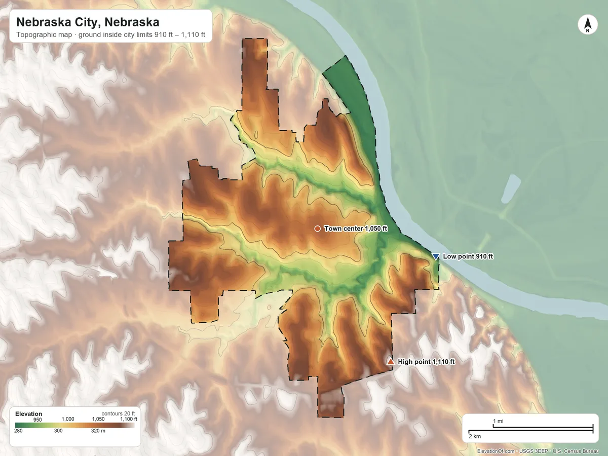 Topographic elevation map of Nebraska City, Nebraska, shaded from 910 ft on the east side to 1,110 ft on the southeast side