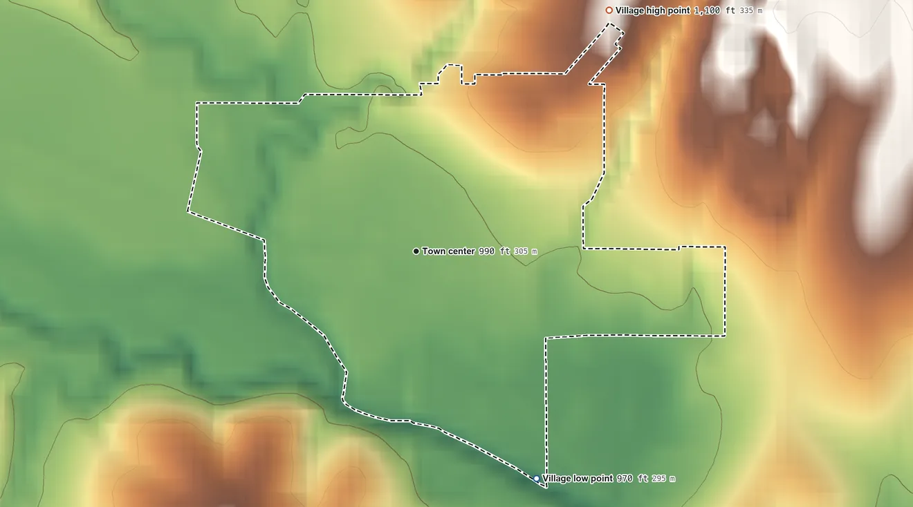 Topographic elevation map of Nehawka, Nebraska, shaded from 970 ft on the southeast side to 1,100 ft on the northeast side