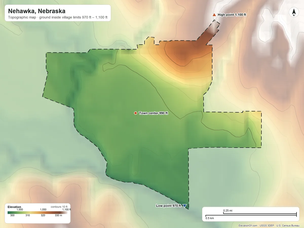 Topographic elevation map of Nehawka, Nebraska, shaded from 970 ft on the southeast side to 1,100 ft on the northeast side