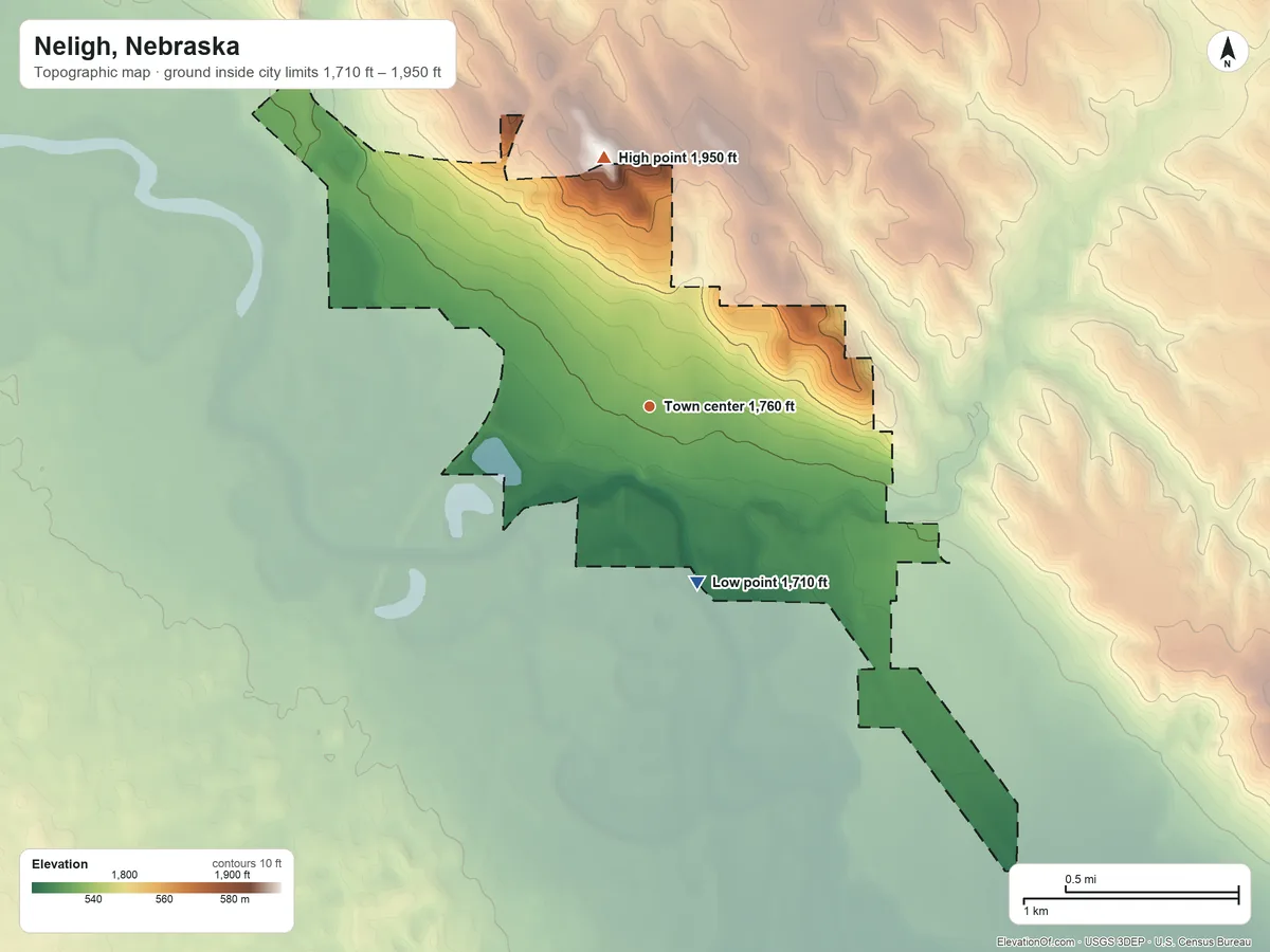 Topographic elevation map of Neligh, Nebraska, shaded from 1,710 ft on the south side to 1,950 ft on the north side