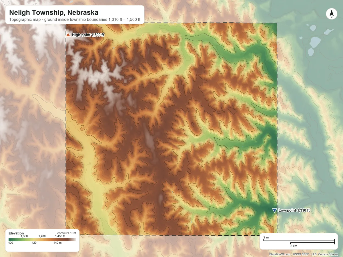 Topographic elevation map of Neligh Township, Nebraska, shaded from 1,310 ft on the southeast side to 1,500 ft on the northwest side