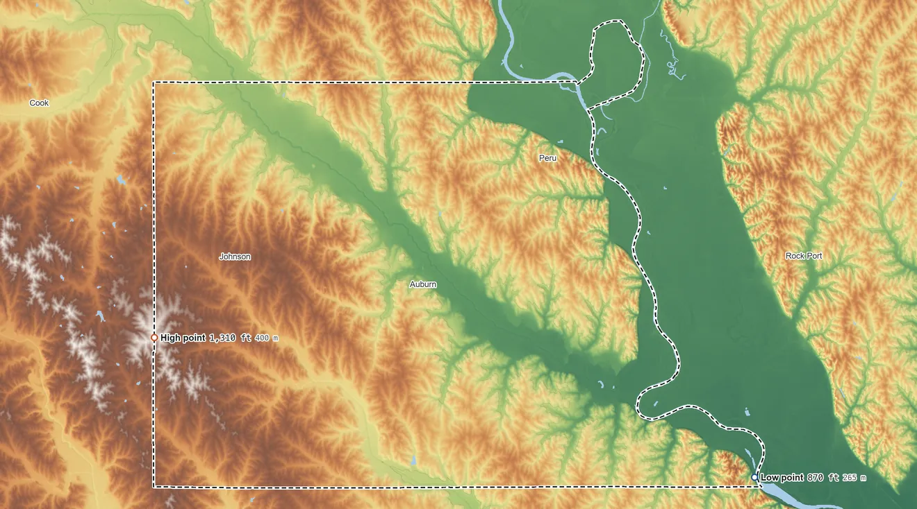 Topographic elevation map of Nemaha County, Nebraska, shaded from 870 ft on the southeast side to 1,310 ft on the west side