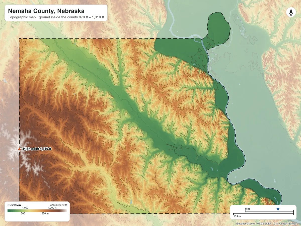 Topographic elevation map of Nemaha County, Nebraska, shaded from 870 ft on the southeast side to 1,310 ft on the west side