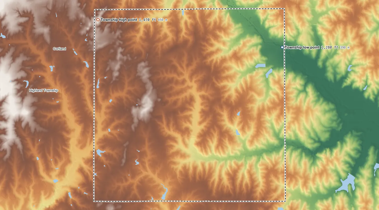 Topographic elevation map of Nemaha Township, Nebraska, shaded from 1,280 ft on the northeast side to 1,470 ft on the northwest side