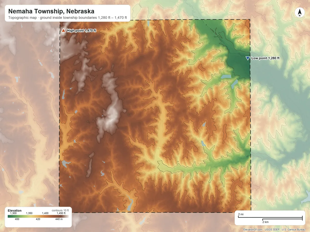 Topographic elevation map of Nemaha Township, Nebraska, shaded from 1,280 ft on the northeast side to 1,470 ft on the northwest side